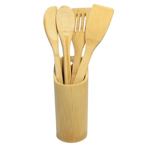 Bambus Küchenhelfer Set 5tlg - 2x Kochlöffel, 2x Pfannenwender, 1x Köcher